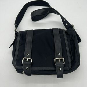 Talbots Black Nylon & Pebbled Leather Trim Buckle Flap Shoulder Bag Purse